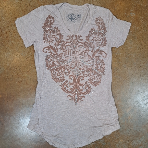 Affliction Tops - Affliction Womens Graphic Tee SZ M Bedazzled Short Sleeve Shirt Biker Rock USA